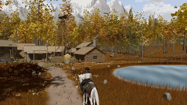 A browser-based 3D open world scene from the Kimi K3 blog, with a rider on horseback beside water, trees, cabins, and snowy mountains.